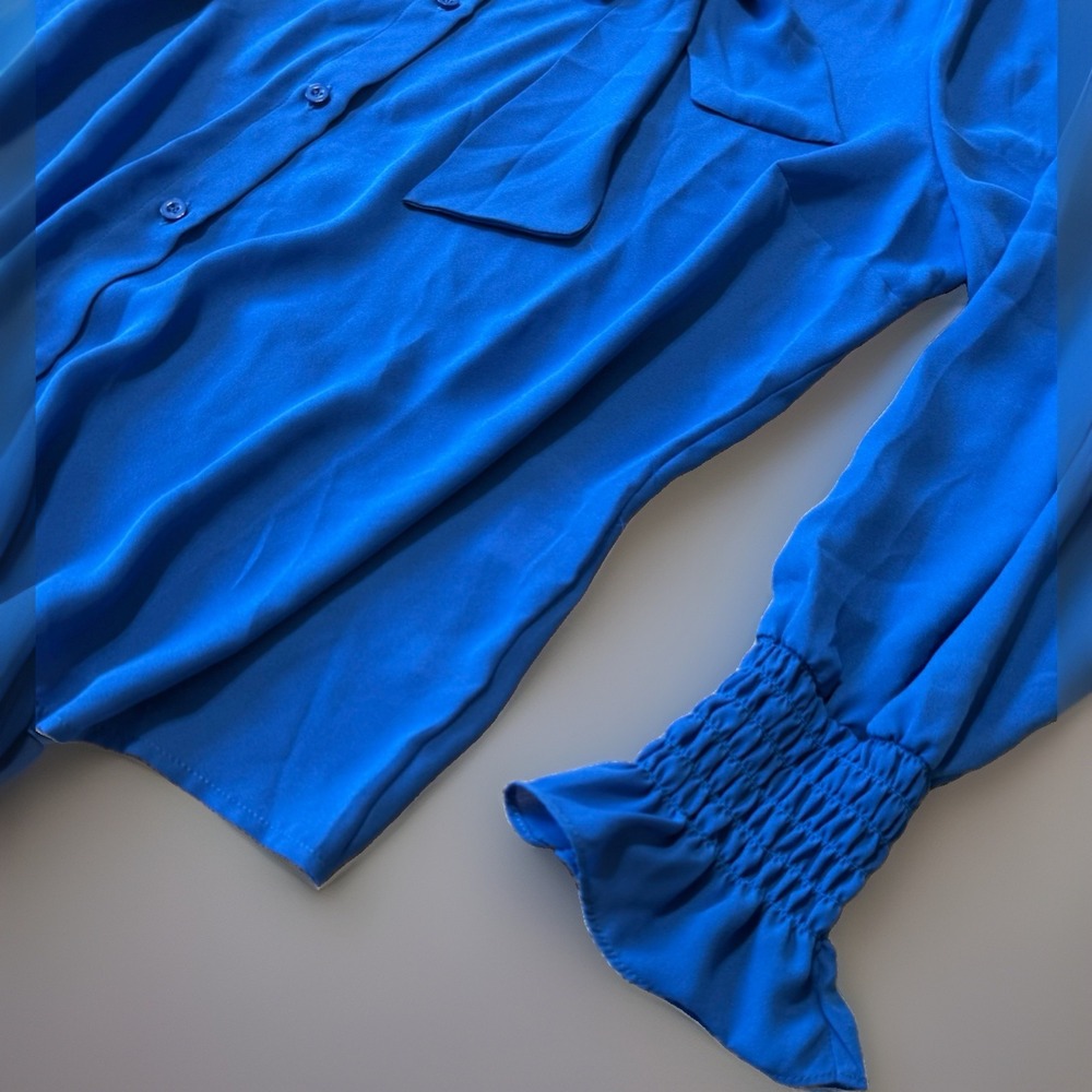 NWT New York & Company XXL Royal Blue Tie Neck Blouse Long Sleeve Women's Top - Picture 4 of 9